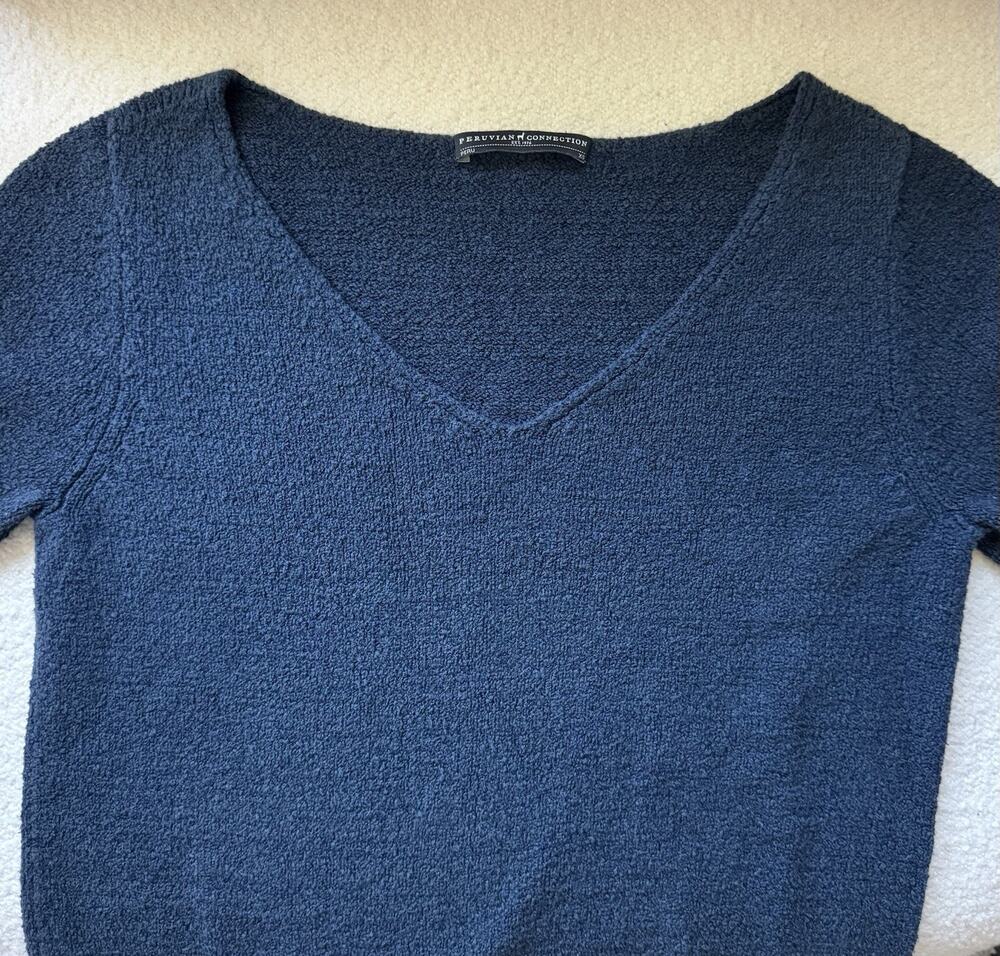 Peruvian Connection Sweater Pima Cotton V-Neck Navy Blue Womens XS